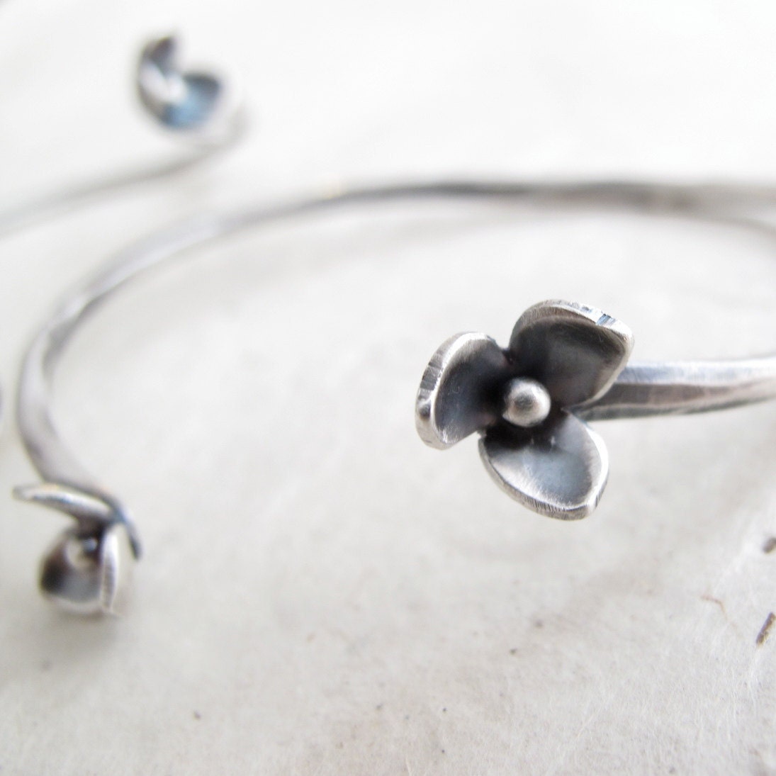 sterling silver blossom cuff bracelet - hand wrought flower cuff