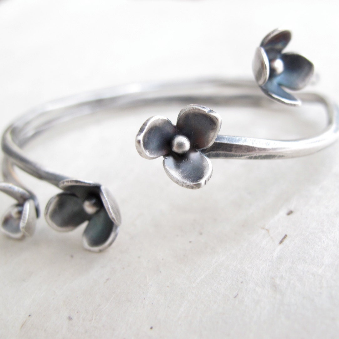 sterling silver blossom cuff bracelet - hand wrought flower cuff