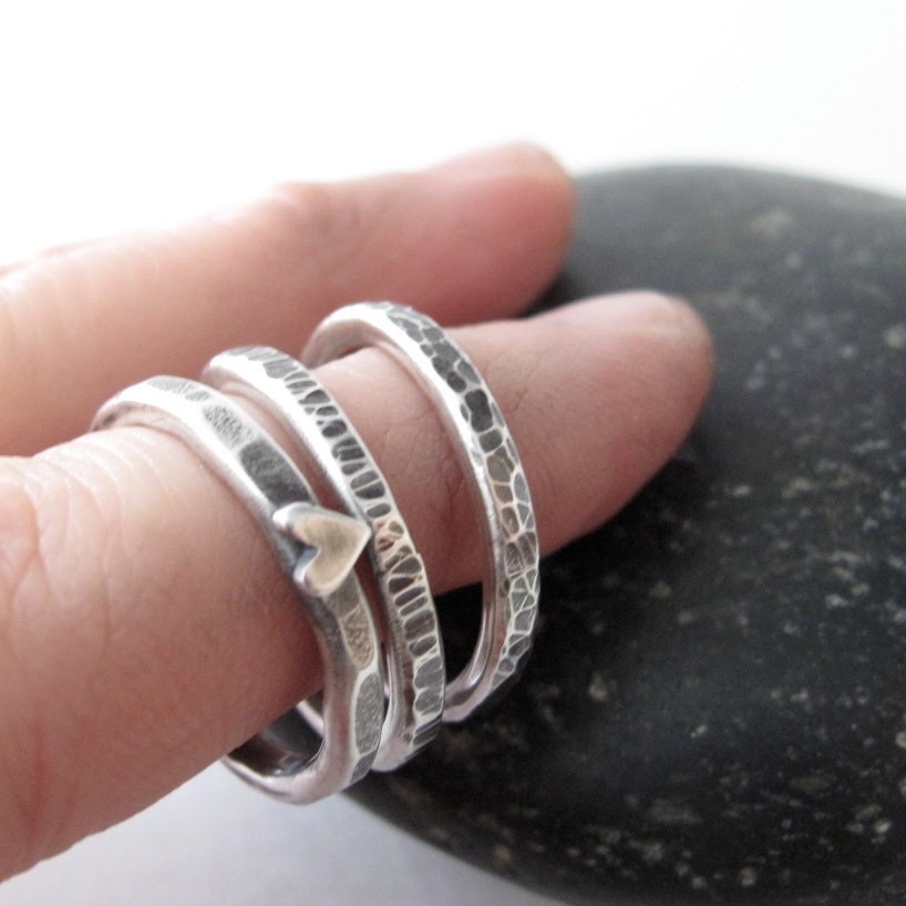 Sterling Silver Stacking Ring Set Heavy Textured Metalwork