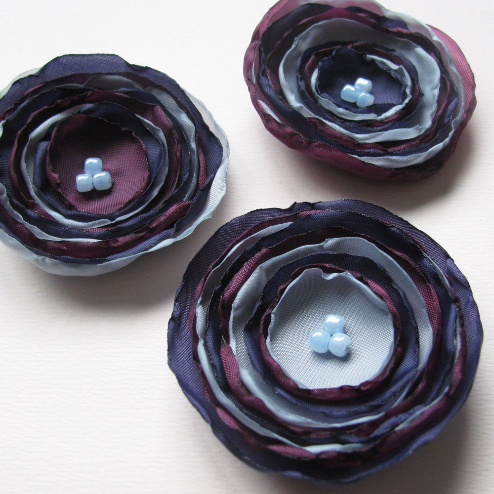 Fabric Poppy Pin Brooch Mixing-Colors Collection - Violet, Light Blue and Plum, with light blue beads