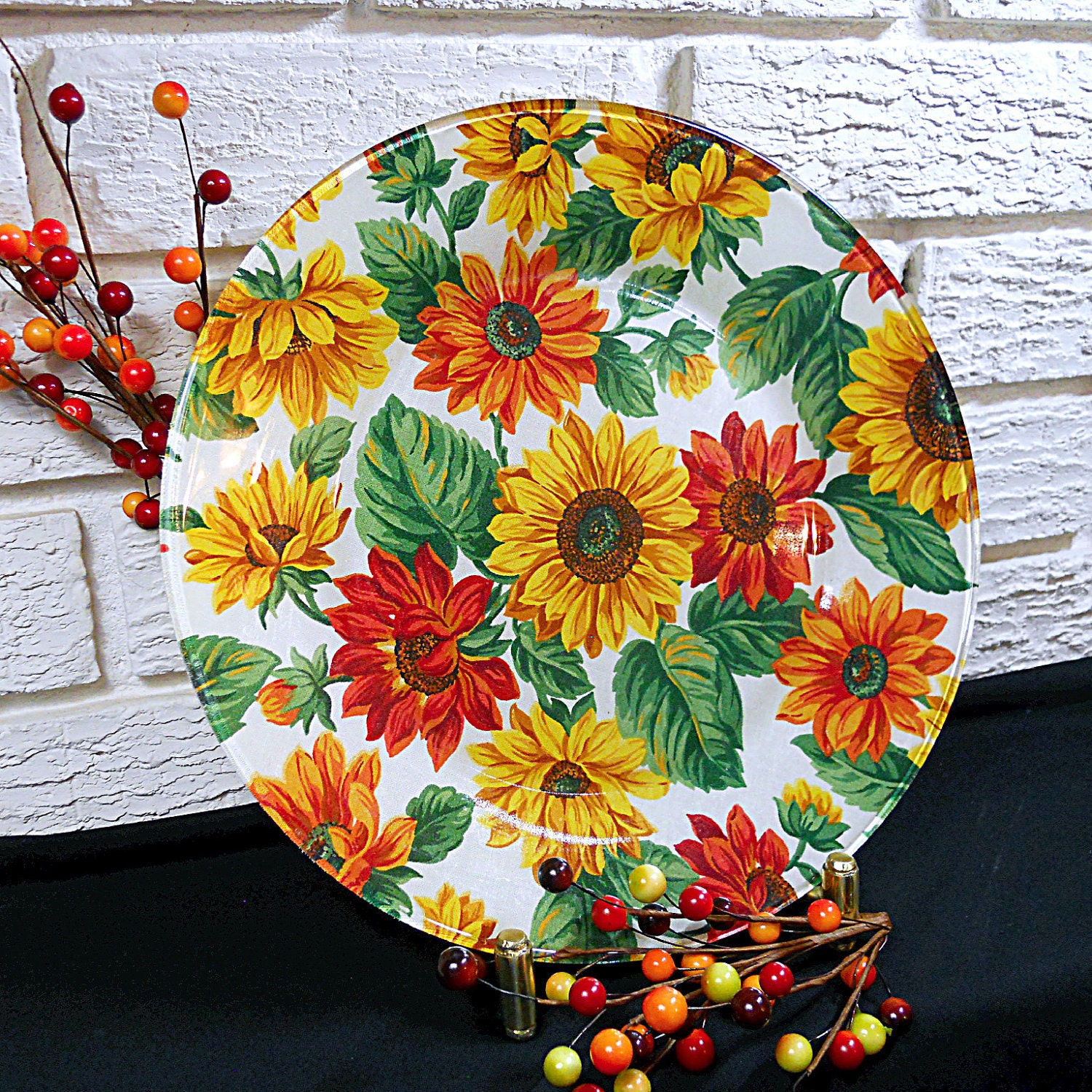 Reserved for Linda - Sunflower Decoupage Decorated Glass Plate