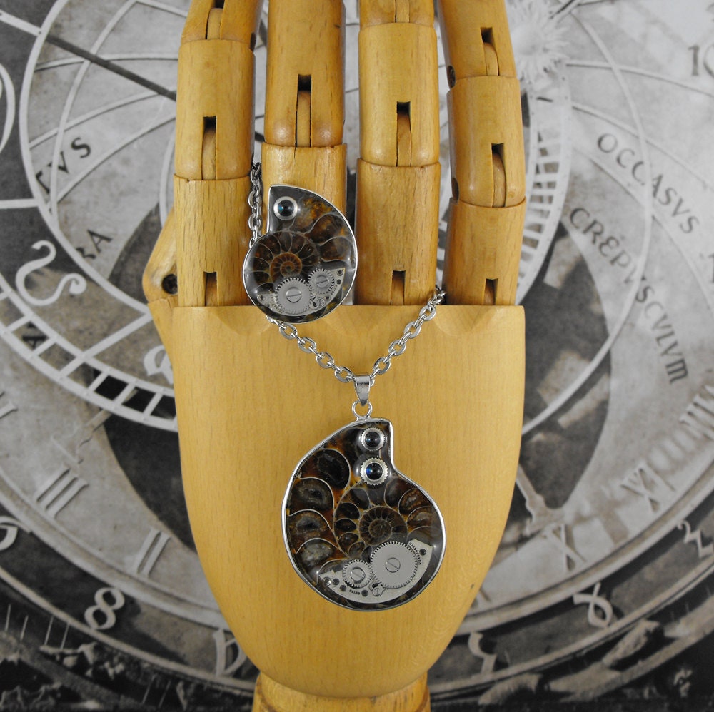 Steampunk Ammonite Fossils Necklace and Ring Matching Set - The Fossilized Spirals of Time by COGnitive Creations