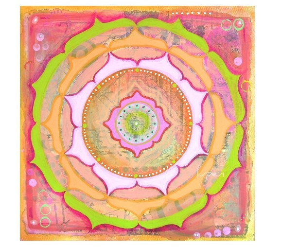 Pink mandala -- 8x8 Fine Art Giclee print - soft pastel pink and green lotus mandala with dots