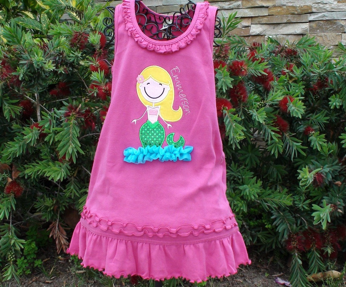 Personalized Mermaid Dress with Chiffon Water - Custom Made Sizes 6 mos-Girls 6X