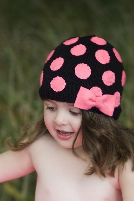 BEAUTY BLACK And HOTPINK Baby Beanie, Polka dot hat, toddler hat, neon pink, childrens clothing, girls hat, girls accessories