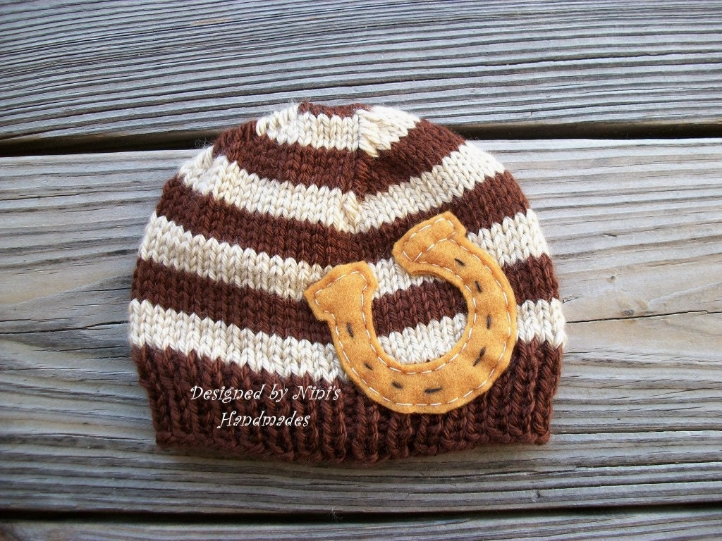 Knit HORSESHOE  Hat- Beanie- Cowboy Hat- Texas style hat- baby hat- Brown and Taupe Hat- Country style hat, Cowboys, Wild West