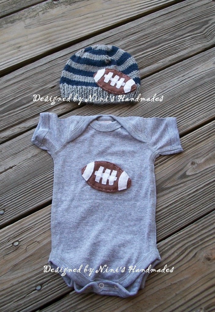 Hat and Onesie Set with Football applique, Baby hat and bodysuit, Baby hat, beanie, football