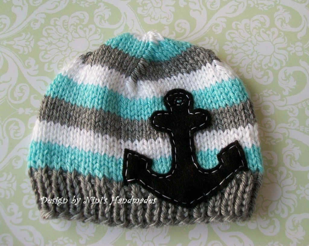 Knit - Nautical ANCHOR Applique Baby Beanie- Hat- Crochet baby hat-  Anchor Hat- newborn photography