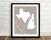 Wedding Gift - State Map : Custom Engagement Gift  - 8x10 / Bridal Shower Present - Two states, love map - Newlywed gift