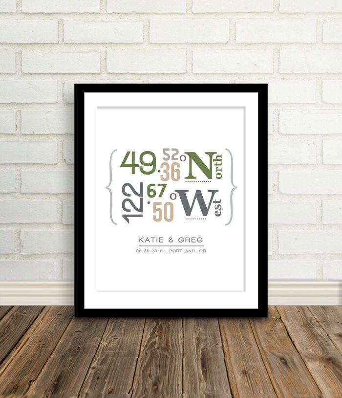 Personalized Latitude and Longitude Coordinates : Custom Location Wedding Print - 8x10 / Housewarming Gift - Bridal Shower