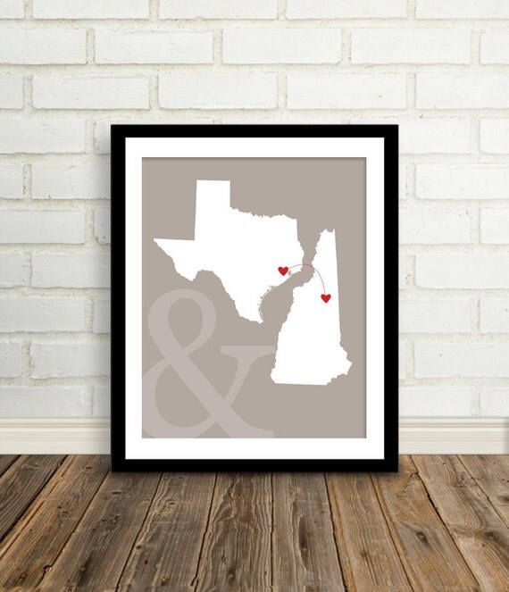 Valentines Day Gift - State Map : Custom Engagement Gift  - 8x10 / Bridal Shower Present - Two states, love map - Newlywed gift