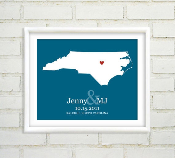 Personalized Wedding Gift : Custom Wedding Location and State Map Print - 8x10 / North Carolina - Any State or Country Available