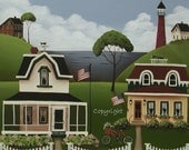Folk Art Print Lake Cottages