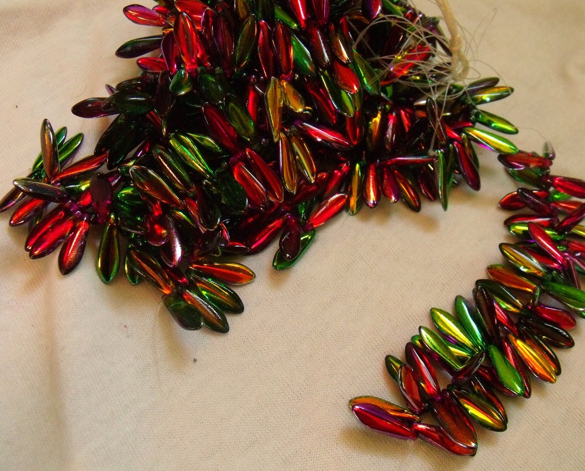 Peacock Beads- Marea Multicolored Peacock Gold Dagger Drops -5x16mm 50 pieces