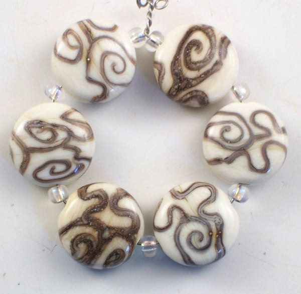Handmade Lampwork Beads Silvered Ivory Trails set 6