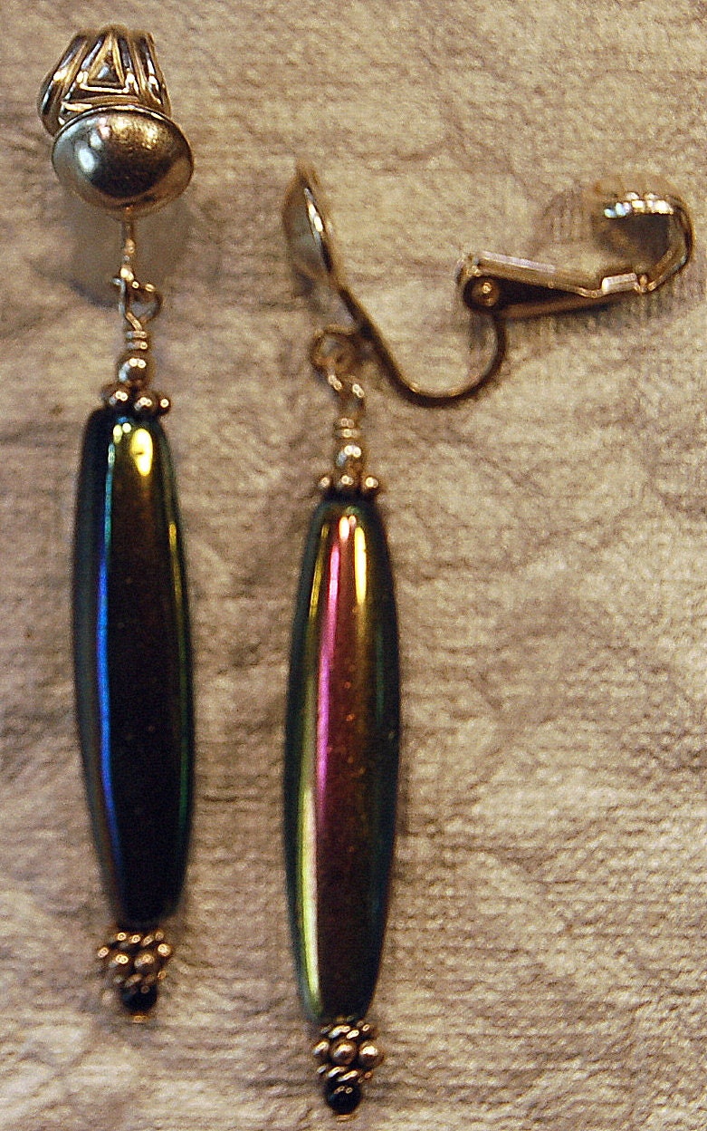 Czech pressed glass, Bali sterling silver beads and semi precious black onyx for non pierced ears