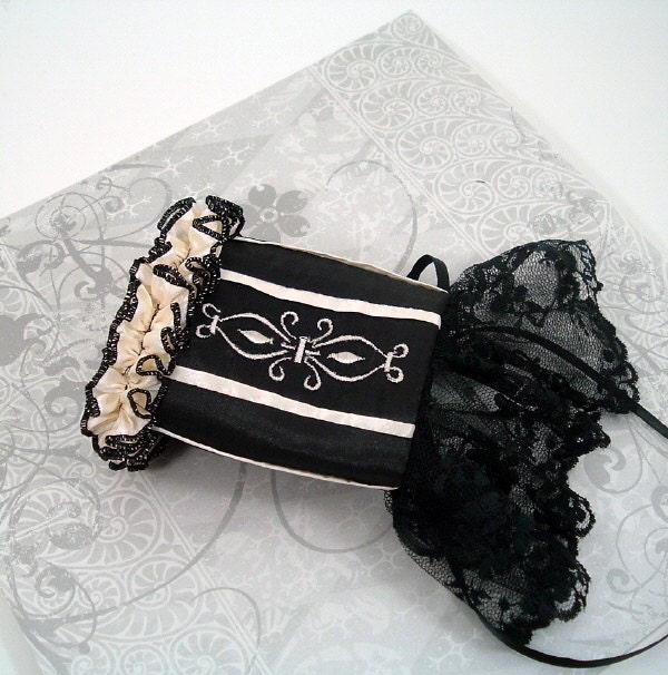 Reserved for Rayvon-Embroidered Victorian Cuff Black and Cream with Lace and Ruffles