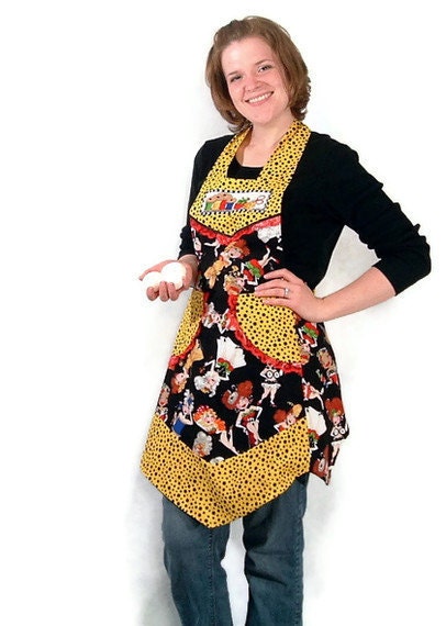 Sew Girls Womens Full Apron Yellow and Black Fabric with Polka Dots