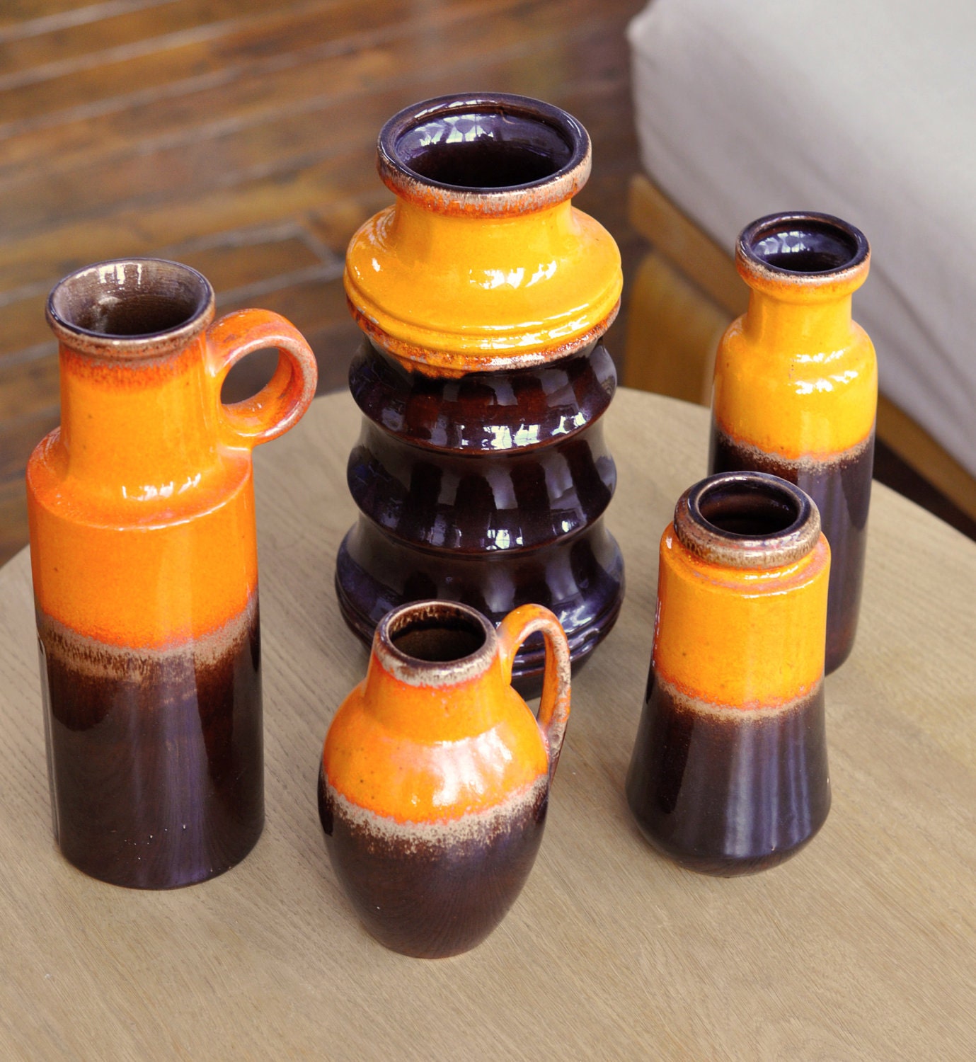 Set of 5 Orange & Brown Vintage Mid Century West German Fat Lava Pottery Vases