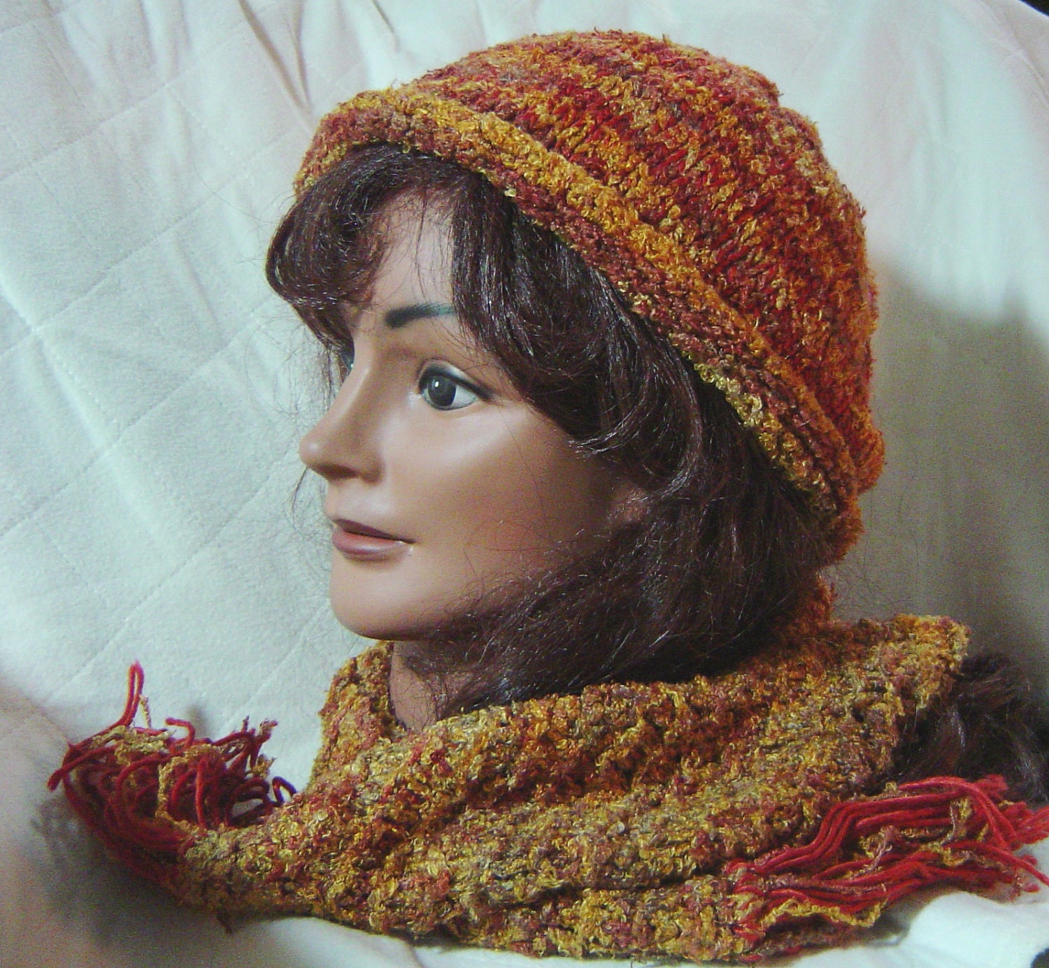 Gold and cinnamon hand knit scarf and rolled brim cap - AccessoriesByKelli