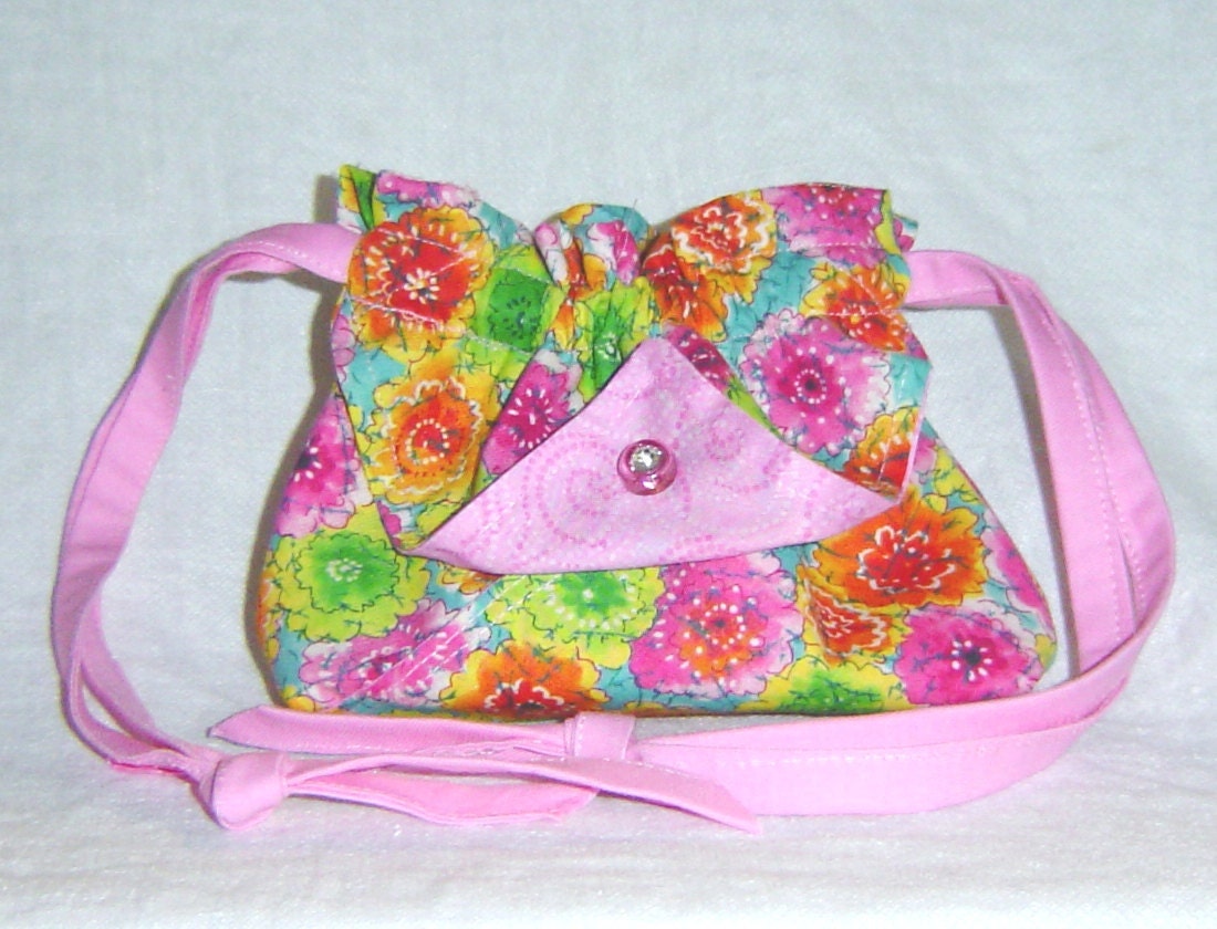 Small drawstring bag pink green and orange floral cosmetic bag evening bag drawstring purse two side pockets