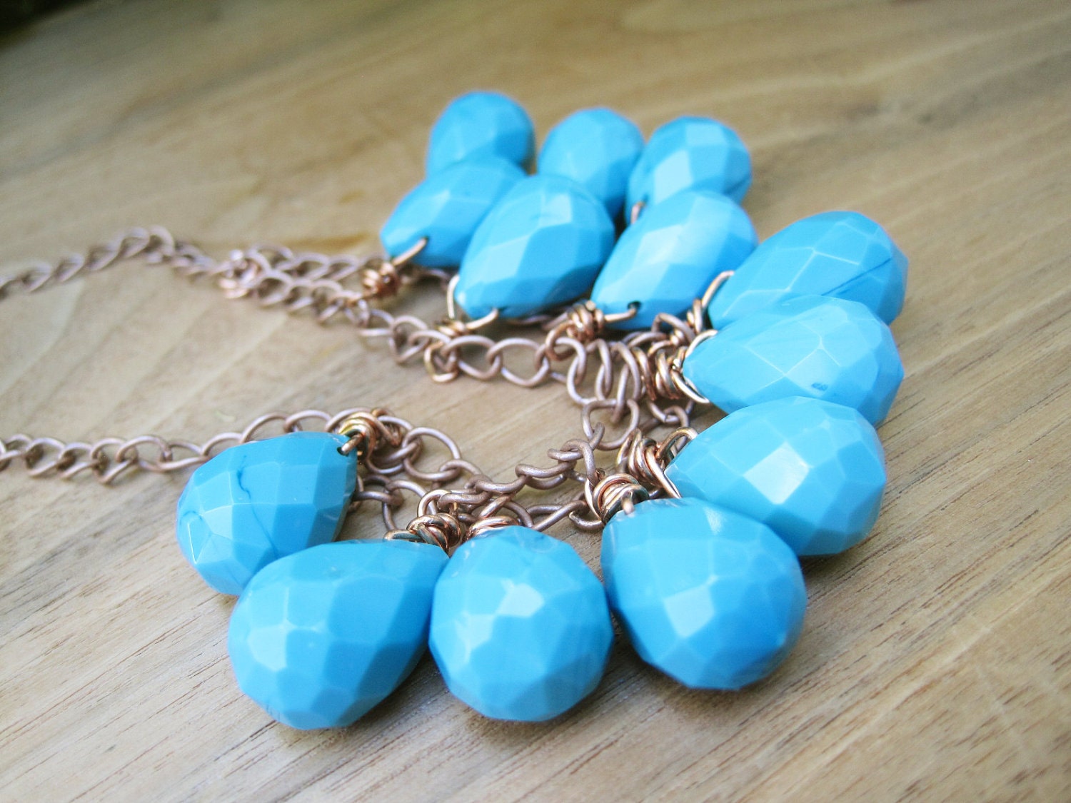 Turquoise Stone and Chain Necklace -  Copper - Robins Egg Blue - Briolette - Bib -  Tear Drop - Double Layer - Faucet - Statement
