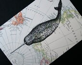 Narwhal Print on Arctic Map - 5 x 7 North Pole and Greenland Narwhal Map Print