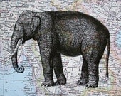 Elephant Print on Map of Thailand and Burma - 5 x 7 Asian Elephant Print