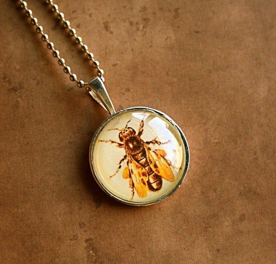 Bee Necklace in Silver - Honeybee Necklace - Bumblebee Necklace - Vintage Postage Stamp Necklace