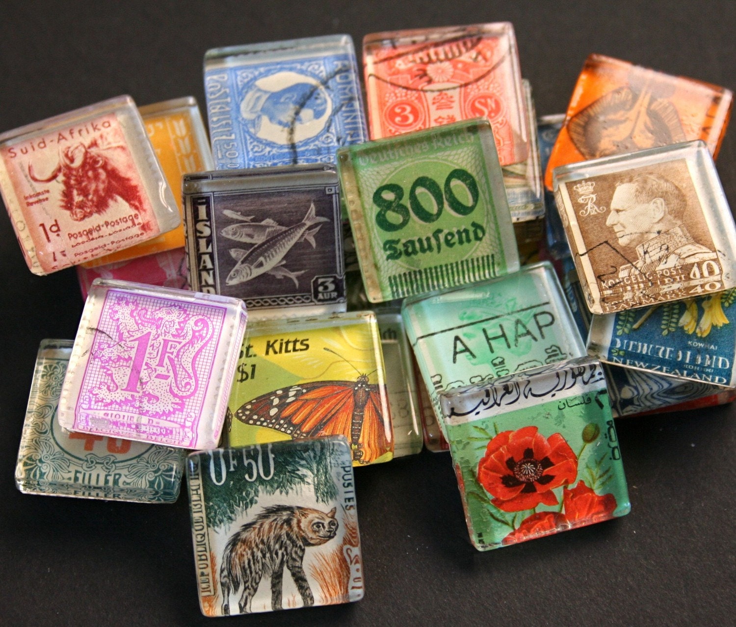 Postage Stamp Magnets - Set of 5 Glass Magnets International Stamps - Vintage Stamps - Animals Flowers People and more