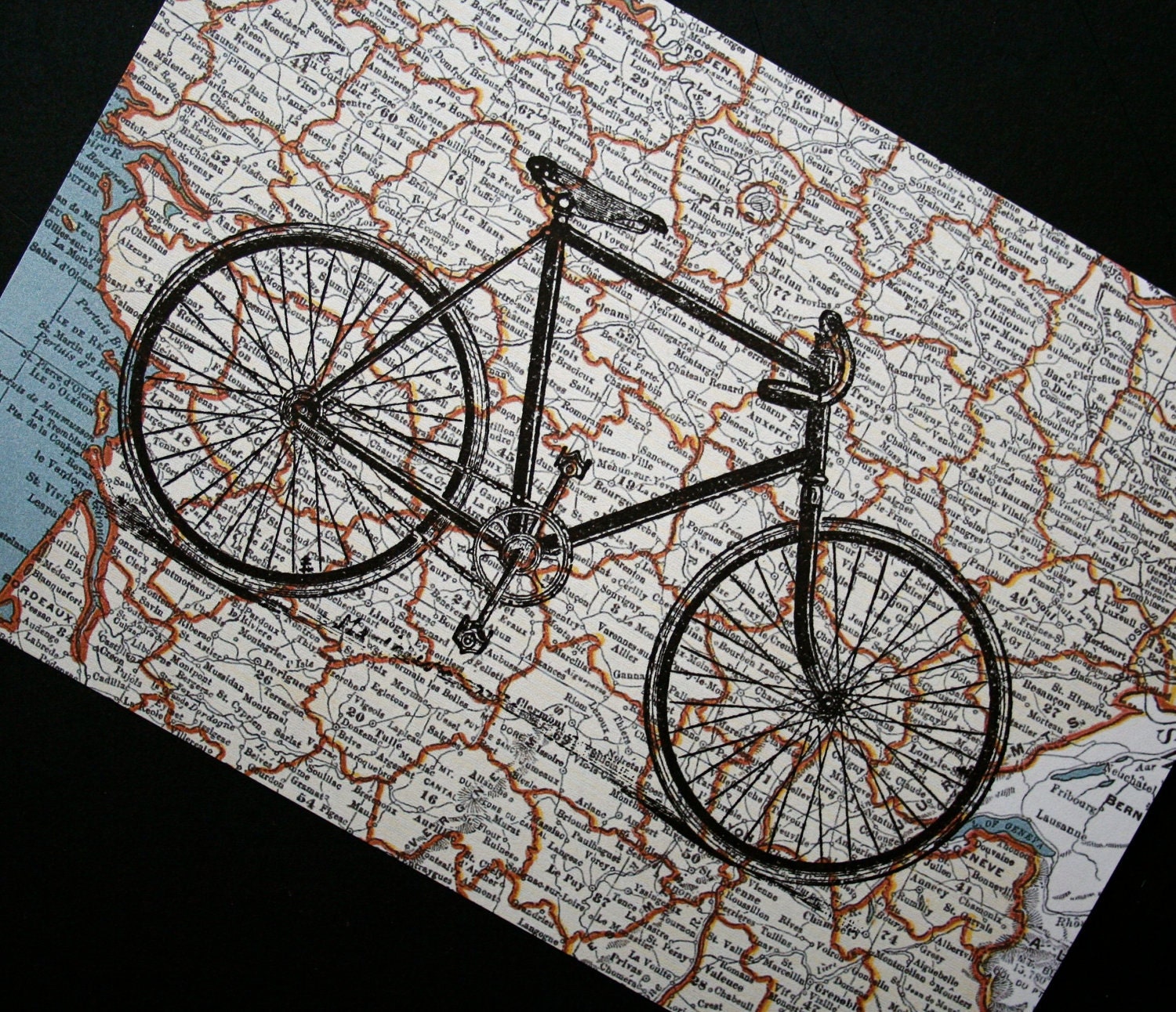 Tour de France Bicycle Print on Map of France - 5 x 7 Bike Print French Map Print