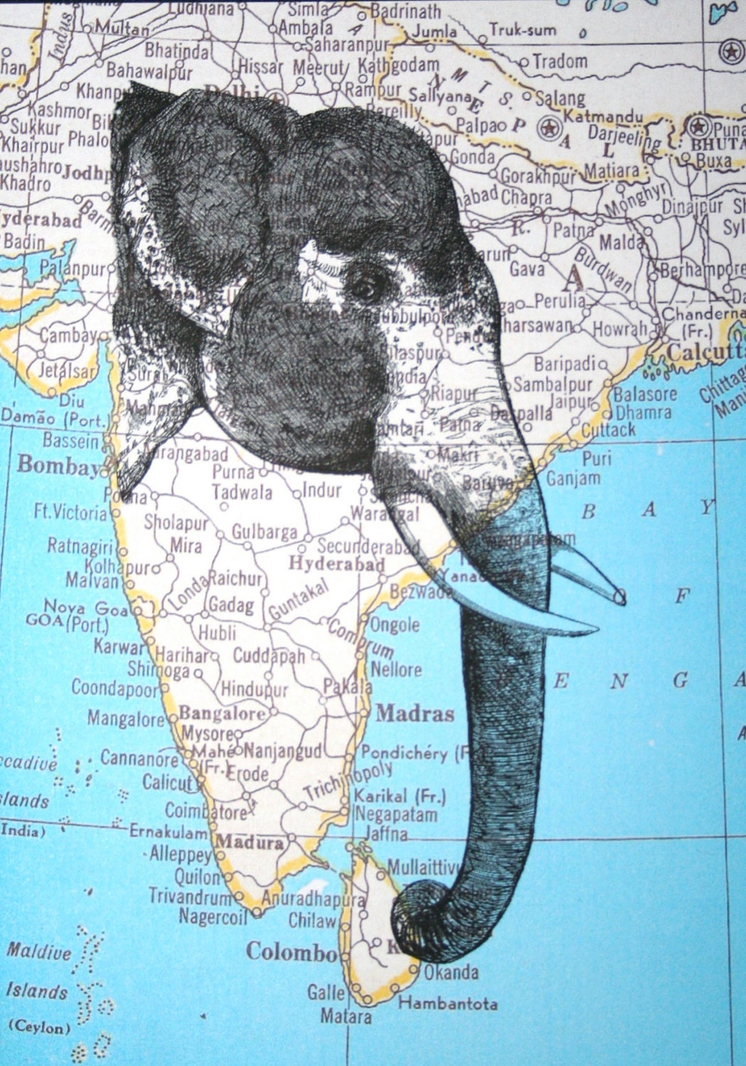 Elephant Print Map Art - India Map - 5 x 7 Asian Elephant Art Map Print