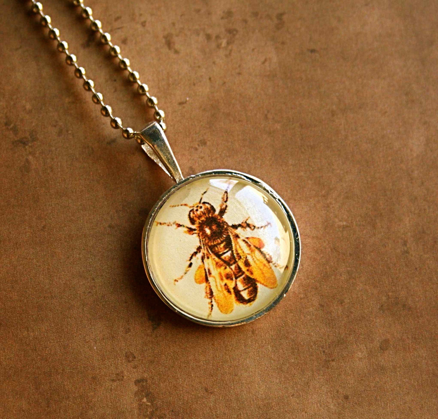Bee Necklace in Silver - Honeybee Necklace - Bumblebee Necklace - Vintage Postage Stamp Necklace