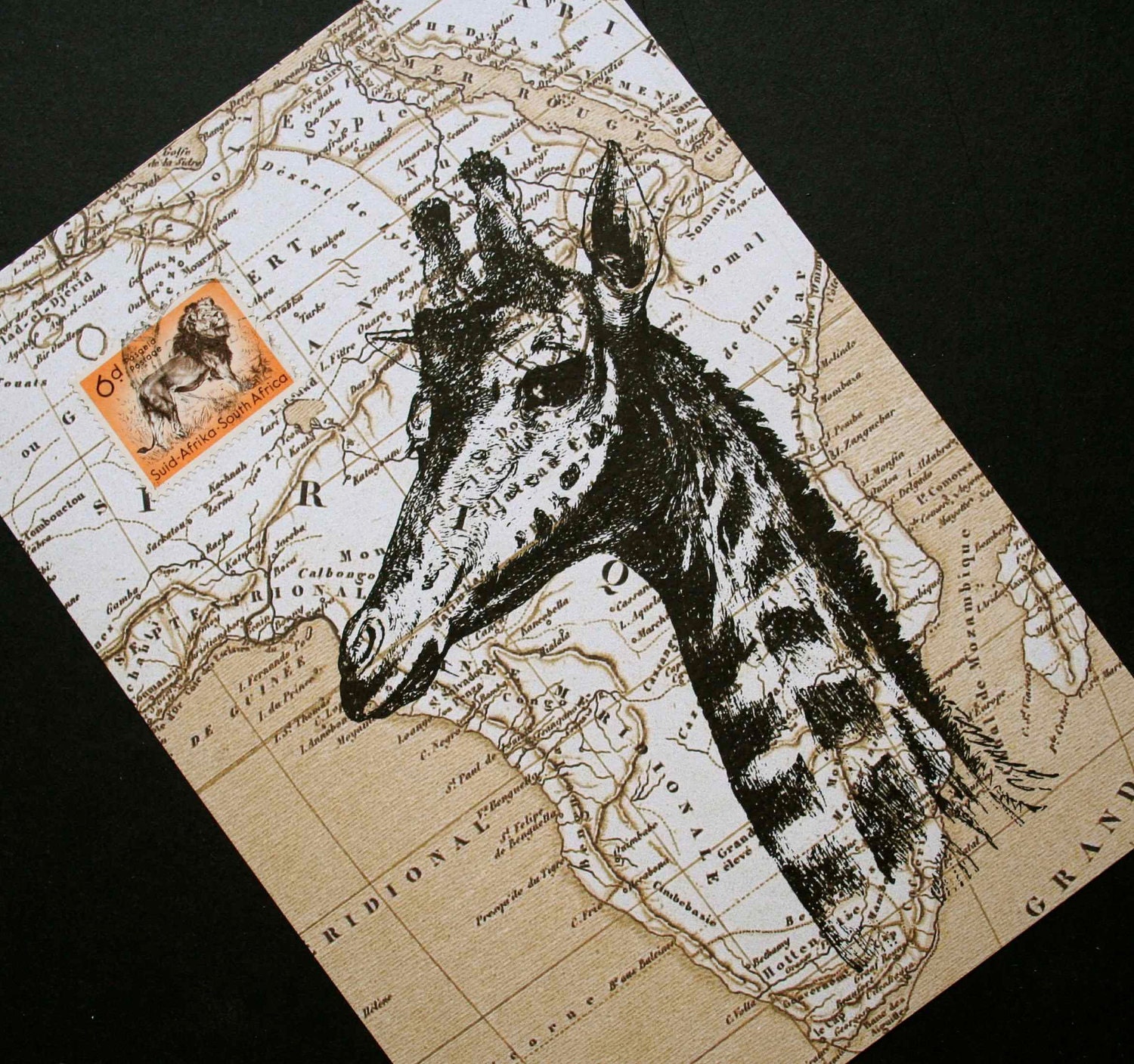 Giraffe Print on Map of Africa with Vintage Postage Stamp - 5 x 7 Giraffe Map Print Collage