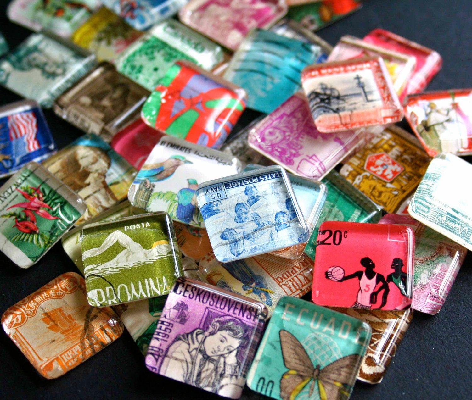 Postage Stamp Magnets - Set of 5 Glass Magnets International Stamps - Vintage Stamps - Animals Flowers People and more