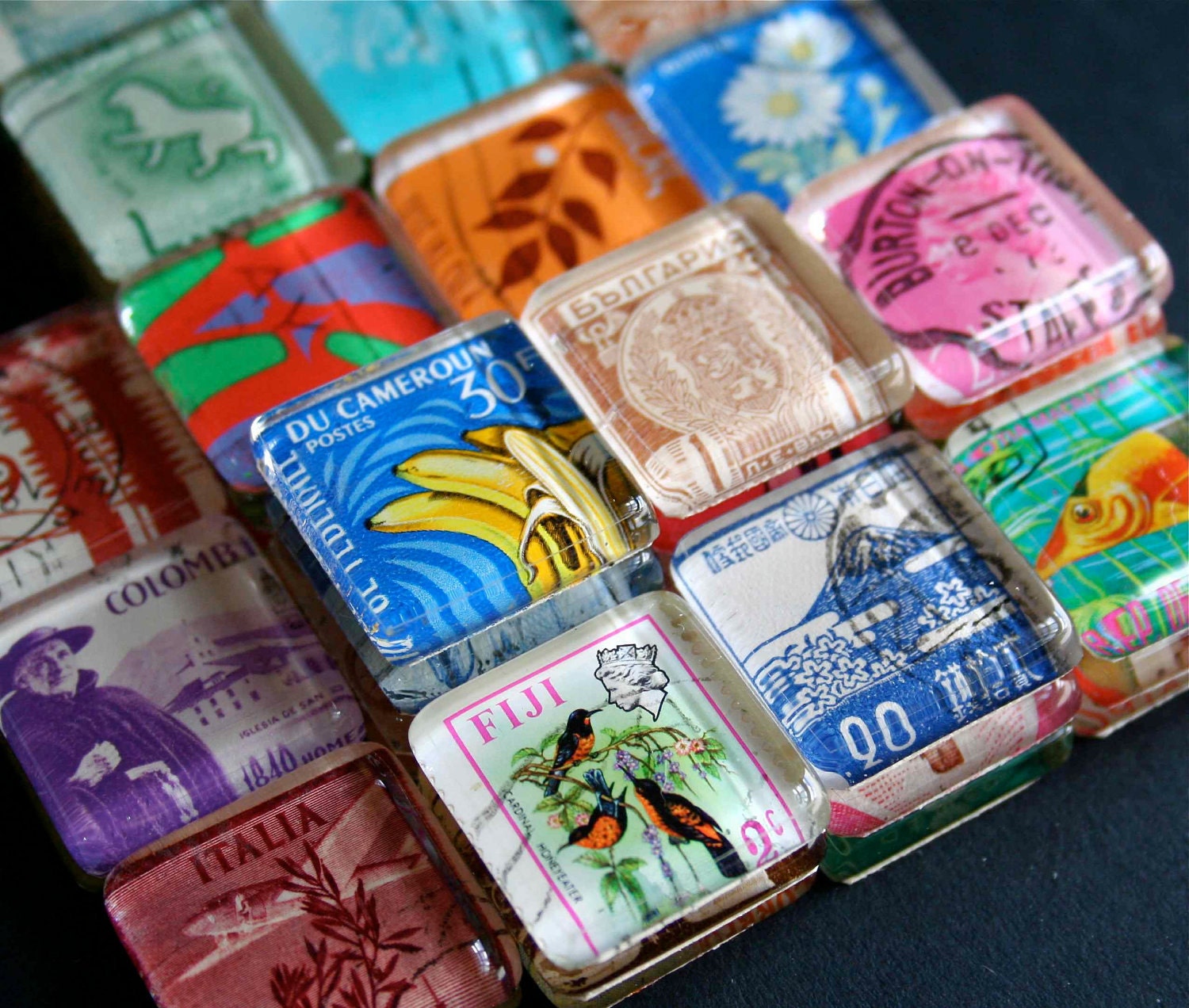 Postage Stamp Magnets - Set of 5 Glass Magnets International Stamps - Vintage Stamps - Animals Flowers People and more