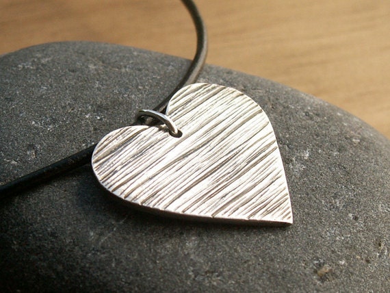 Dark Heart Valentine Necklace black leather cord romantic goth handmade woodgrain textured recycled Fine Silver pendant Sterling clasp