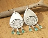 Ocean Spray Wave Earrings unique handmade recycled fine silver breaking waves on sterling earwires with Apatite stone briolettes