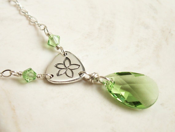 Romantic Necklace light spring green crystal pendant with plumeria flower link in handmade recycled .999 Fine Silver