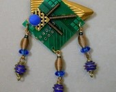 Recycled Green Circuit Board STEAMPUNK BROOCH Vintage BLUE Glass Beads