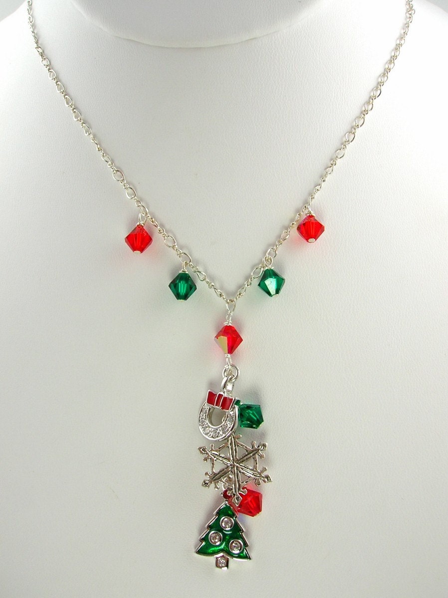 Sterling Silver Charms and Crystal Christmas Holiday Necklace and Earring Set  N-291