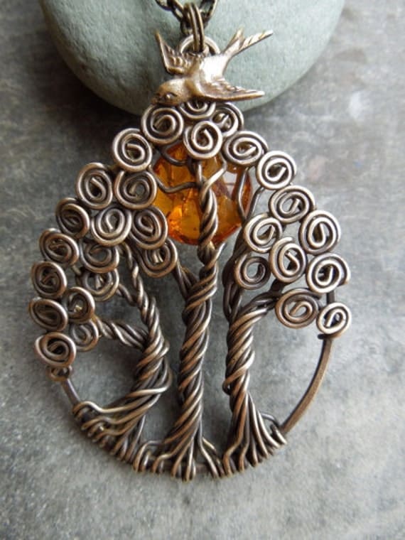 Forest with Amber Sun and Bird Necklace-Large pendant-Trees of Life