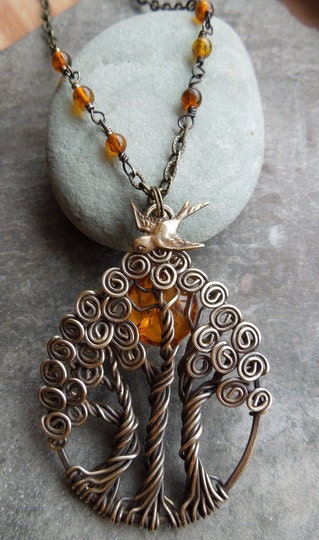 Forest with Amber Sun and Bird Necklace-Large pendant-Trees of Life
