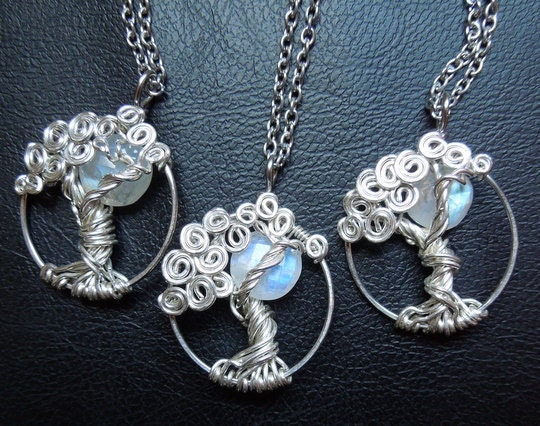 Rainbow Moonstone Moon in a Tree Necklace-Sterling silver