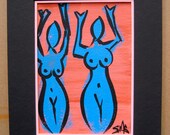 Original Art Blue Girl: "Up" Double Matted and Ready to Frame