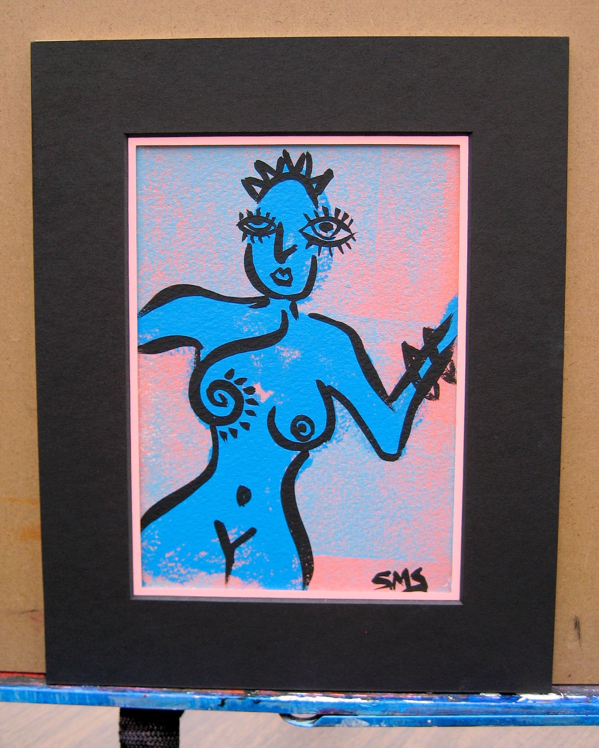 Original Art Blue Girl: "See" Double Matted and Ready to Frame