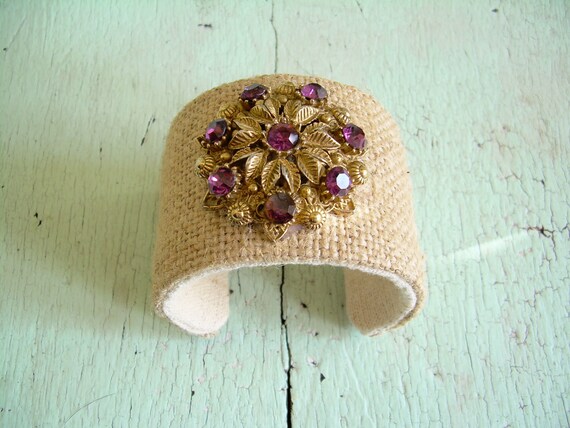 Burlap And Rhinestone Cuff Bracelet