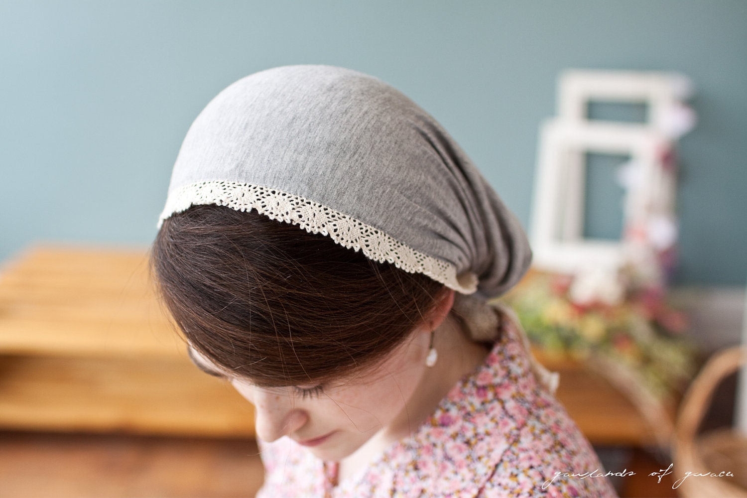 Victorian style snood covering in Heather gray-- Garlands of Grace classic stretch covering
