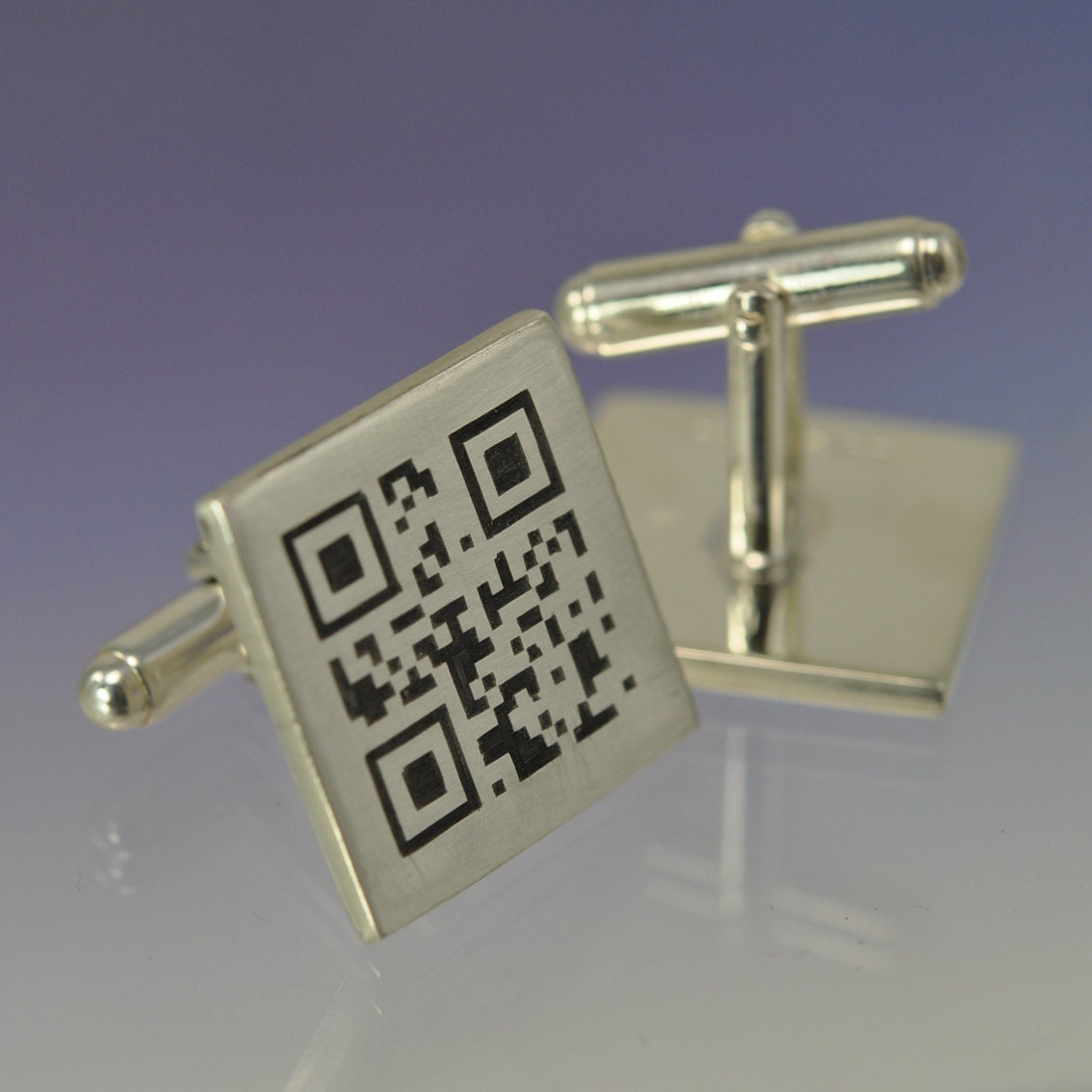 QR Cufflinks. Hand Engraved. Sterling Silver. Your Message