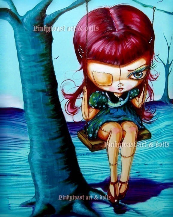 SALE-Sweet Patchwork Rag Doll- Twilight Swing-Pinkytoast Art Print-8X10